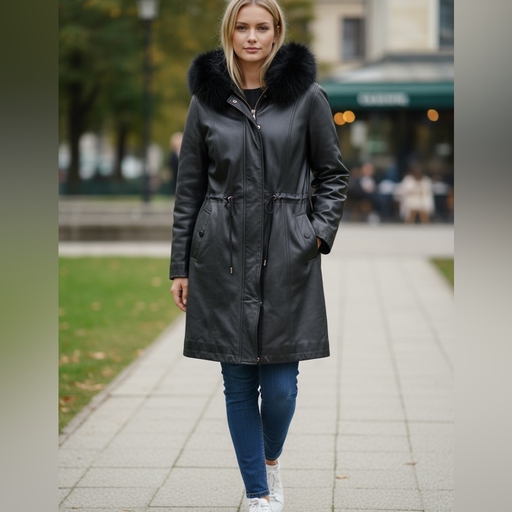 Worthington Lambskin Leather Coat Fur Lined Hood Drawstring Waist Size M